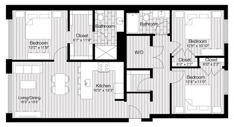 Floor plan for 3 beds, 2 baths, 1335 sqft